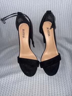 JustFab Makemba Black Faux Suede Ankle Strap Block Heel Sandals